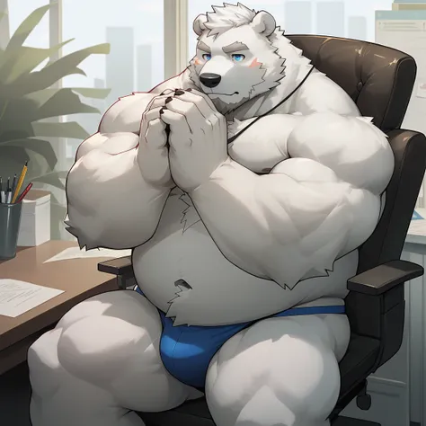 masterpiece, best quality, 8k resolution, Very detailed, hairy，(((polar bear))，(((blue eyes)))，(((Mature)))，(((beard))),(((Strong)))，(((White hair all over body)))，portrait，(((White hair)))，(((frowning)))，(((office)))，For the audience，(((Shirtless)))，Highe...