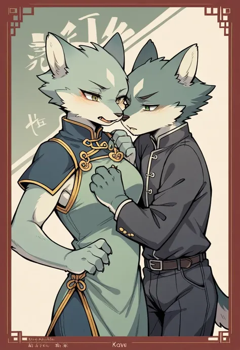 movie poster, movie artwork, concept art of love, romance novel cover, highres, top quality, best quality, perfect artwork, absurdres, perfect anatomy(couple, young 1male detective, 1woman in Chinese dress)(furry, kemono, anthro))with some elements of 007,...