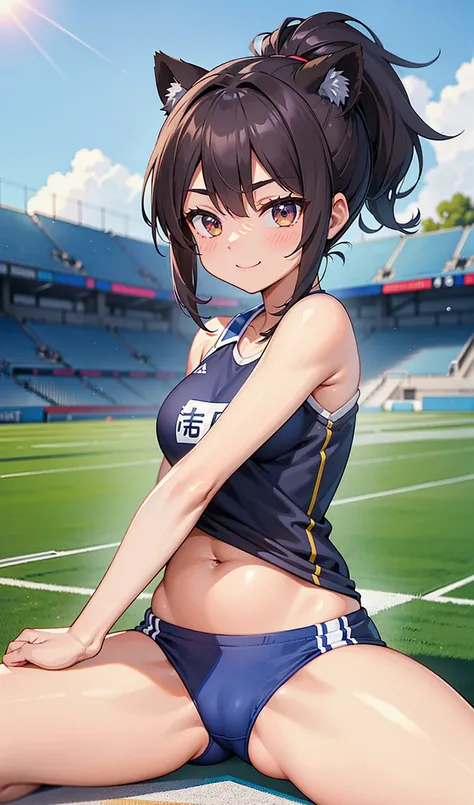 woman。(Athletics)。smile、Dark brown ponytail、(世界Athletics)。(Dark blue track uniform:1.2)、Sleeveless、Outdoor athletic fields。(独立Athleticsユニフォーム)。competition、Perfect hands、Show your belly、Facing the audience、training、Spread your legs