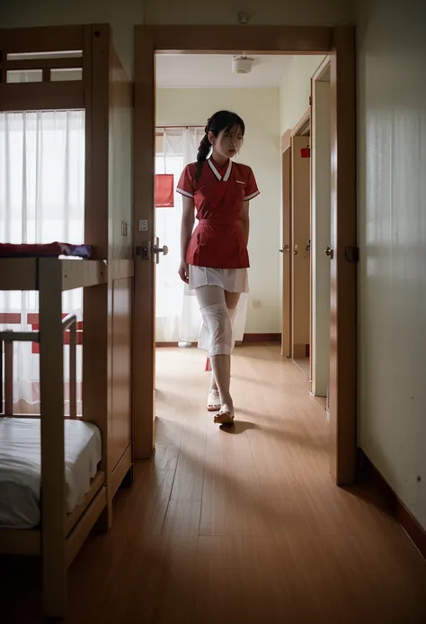 Myanmar hospital nurse, with red longyi and white blouse, uniform style, walking in Hospital patients dormitory, cinematic colours. 