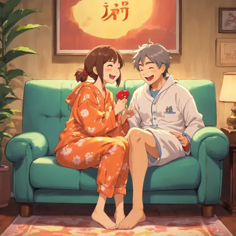 a couple sitting on a couch laughing together, wearing matching pajamas with the word (McP) printed on them, anime style, highly detailed, 4k, photorealistic, intricate details, beautiful lighting, warm color tones, cozy atmosphere