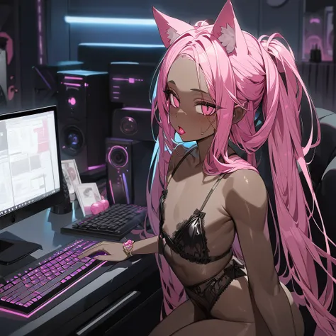 Best quality, highly detailed, ultra detailed, 1 very Dark brown skin boy, chocolate skin, flat chest, male chest, curvy body, long dreadlocks, pink dreadlocks, pink eyes, cat ears, lipgloss, wearing black bridal lingerie, booty, computer setup background