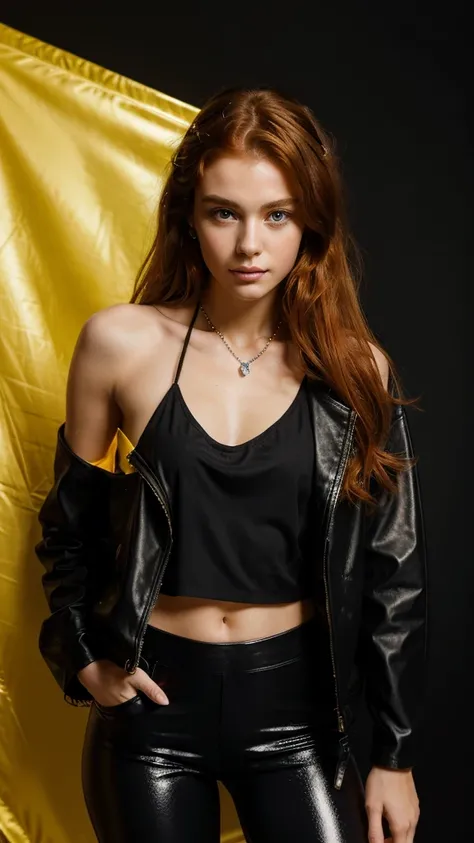 (((Masterpiece))), 25-year-old Caucasian French girl with shoulder-length messy red hair, adorned with  crystal glow, blooming hair akin to . Certainly!

he is holding in arm a open banner, wearing a black leather jacket, yellow top, black leggings, black ...