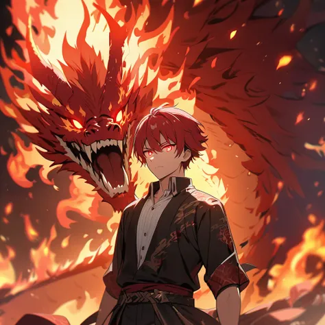 male, handsome, solo, 4K, red hair, short hair, red eyes, glowing eyes, flame, flame aura, flame dragon