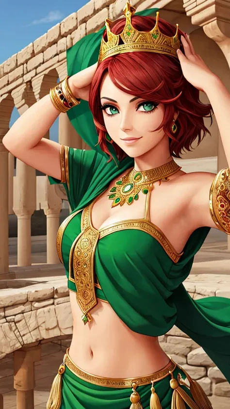 Arabic woman, beautiful green eyes, short red hair, a crown in one of her hand