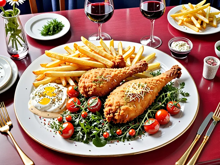 a large plate with a one large fried drumstick  with french fries, seasoned with greens, cherry tomatoes, sprinkled with grated ...