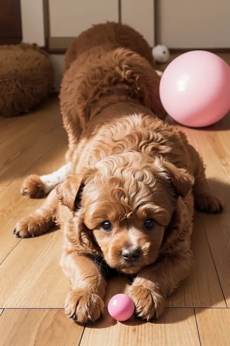 Brown toy poodle puppy、A scene of her lying on the floor with a pink ball in her mouth。The big eyes of the puppy are staring at the camera.、That expression is so adorable。Warm light shines in the background、The floor is wooden and shiny。The puppy&#39;s fur...