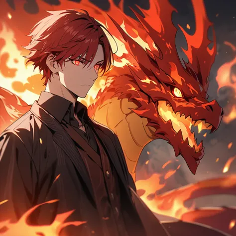 male, handsome, solo, 4K, red hair, short hair, red eyes, glowing eyes, flame, flame aura, flame dragon