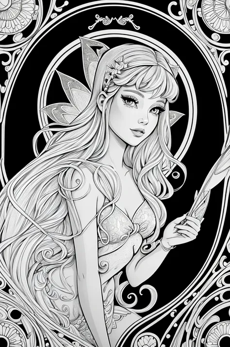 a sexy fairy, clean line art, printable black and white adult coloring page, detailed fairy face, beautiful detailed eyes, beaut...