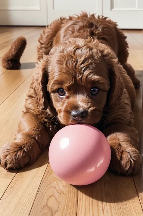 Brown toy poodle puppy、A scene of her lying on the floor with a pink ball in her mouth。The big eyes of the puppy are staring at the camera.、That expression is so adorable。Warm light shines in the background、The floor is wooden and shiny。The puppy&#39;s fur...