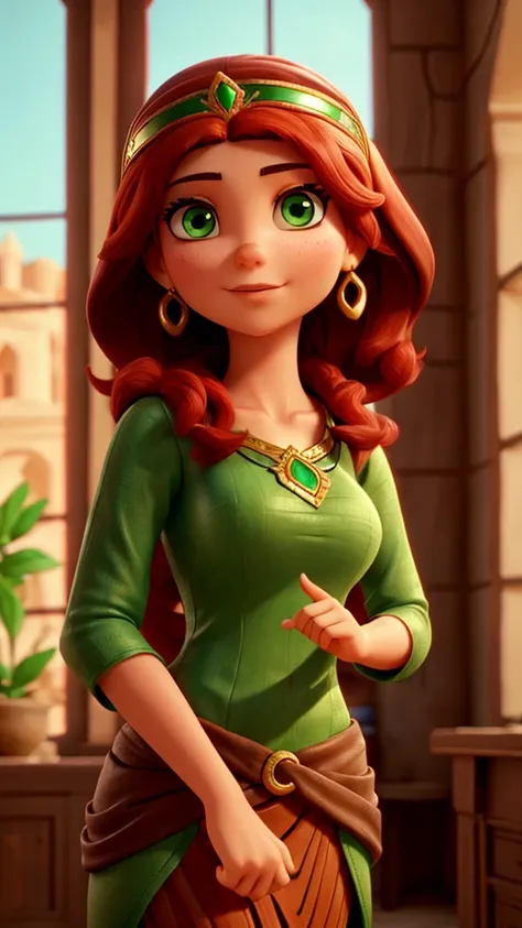 Arabic woman, beautiful green eyes, short red hair, a crown in one of her hand