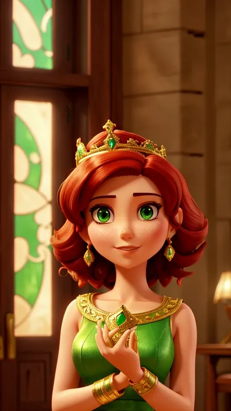 Arabic woman, beautiful green eyes, short red hair, a crown in one of her hand