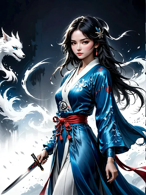 Artistic ink painting，Three-dimensional ink painting，Minimalism，Minimalist graphics，Minimal Art，Anime girl holding a sword，whole body，Chinese style，antiquity，Ink Painting，Blue robe，Black long hair，Black and white background，古韵White Space，White Space，大面积Whi...