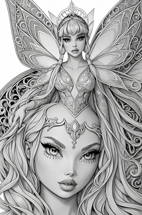 a sexy fairy, clean line art, printable black and white adult coloring page, detailed fairy face, beautiful detailed eyes, beaut...