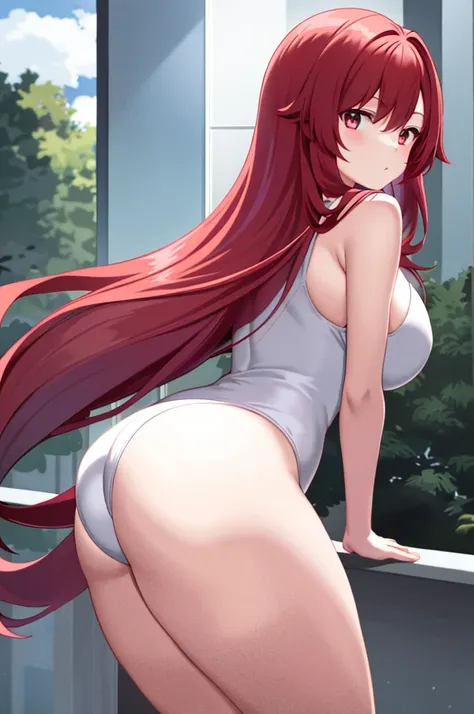 1 persons、solo、animesque、red Hair、1 girl、Silver-eyed、Colossal tits、Big buttocks、Angle from behind、soft long hair、slanted eyes、