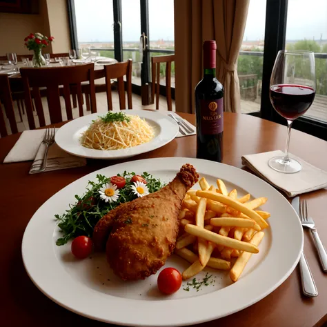 a large plate with a one large fried drumstick with french fries, seasoned with greens, cherry tomatoes, sprinkled with grated c...