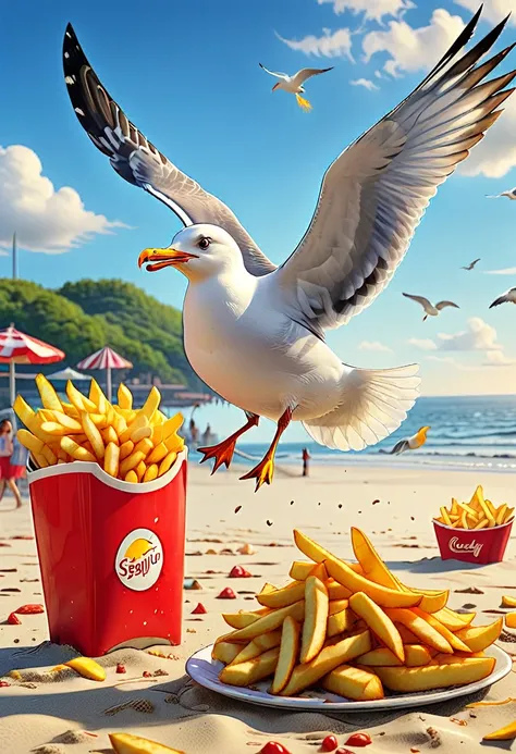 ((well-defined cartoon style:1.4)), ((a seagull stealing fries from a person on the beach, flying with the fries in its beak, fu...