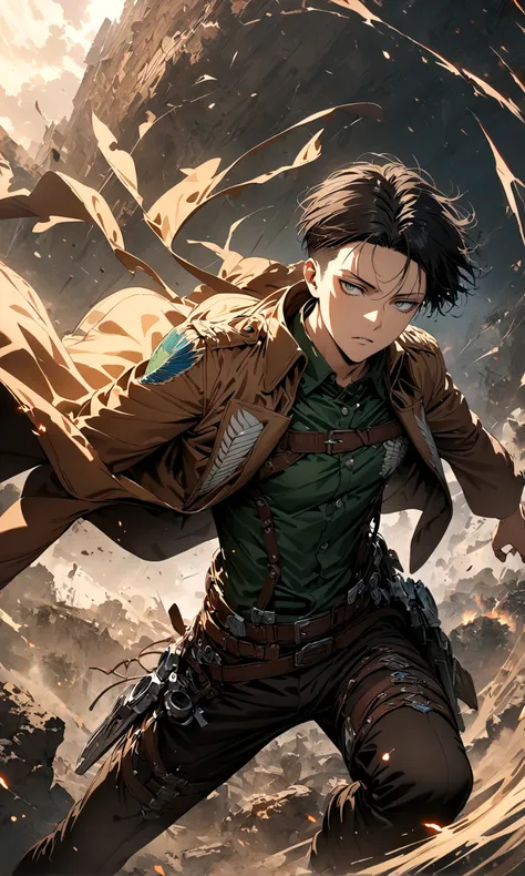 1 male,Levi Ackerman,Attack on Titan,,Intricate details,Wide range of colors,artwork,rendering,(masterpiece:1.3),(highest quality:1.4),(Super detailed:1.5),High resolution,Very detailed,unity 8k wallpaper,Decadent,Wind