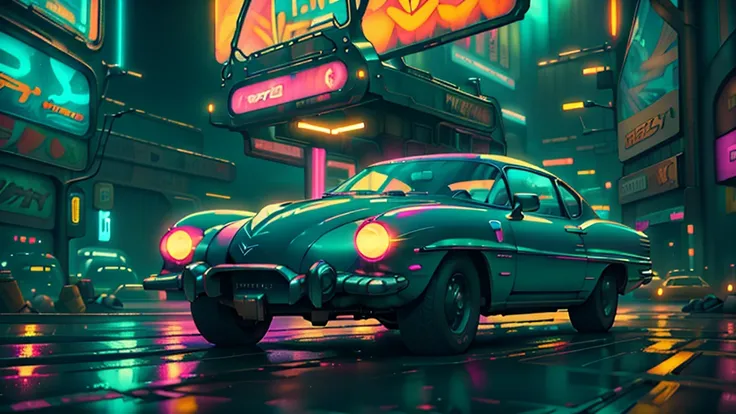 cool chic car on a wet road. , neon lights, neon, retrowave, club,,,, in love hemp, colorful, wallpaper, energy, secret, magical...