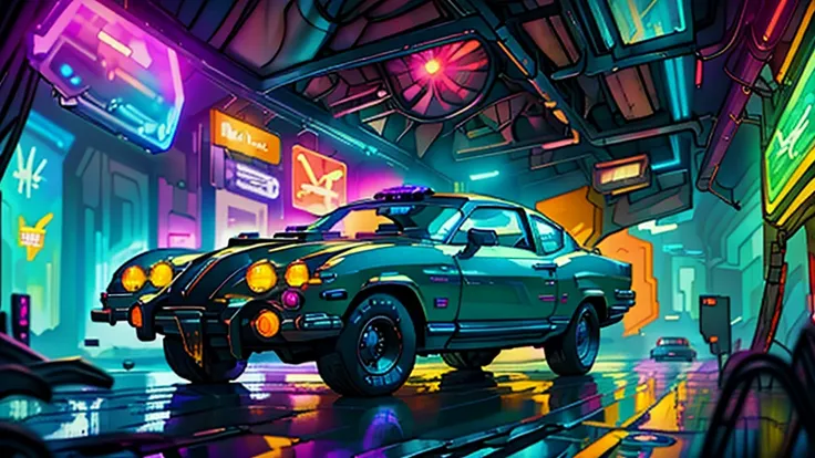 Cool chic car on a wet road. , neon lights, neon, retrowave, club,,,, in love Hemp, colorful, wallpaper, energy, secret, magical environment, omniscience, prediction of the future, understanding the past, frost magic, --v 6