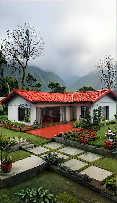 there is a small white house with a red roof and a garden, outside view, on a cloudy day, beatiful house, integrated in the moun...