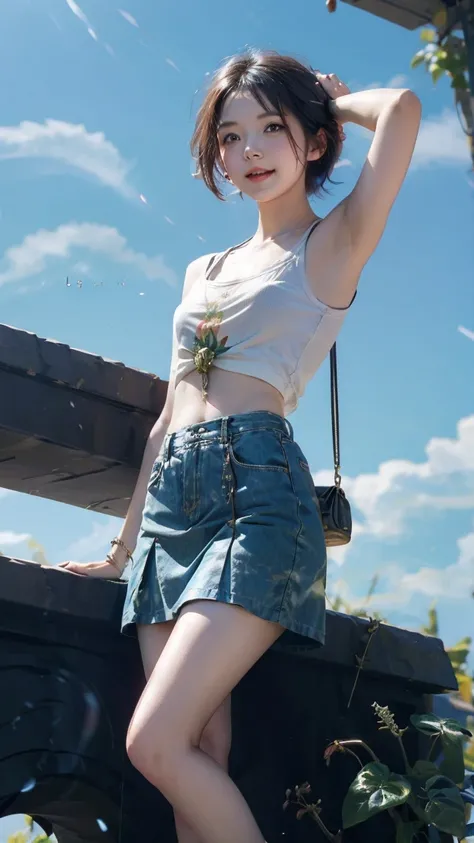 cute young short hair girl chilling around the city, the sky are blue and very happy joyful day, she is wearing a modern shirt with cute flower skirt