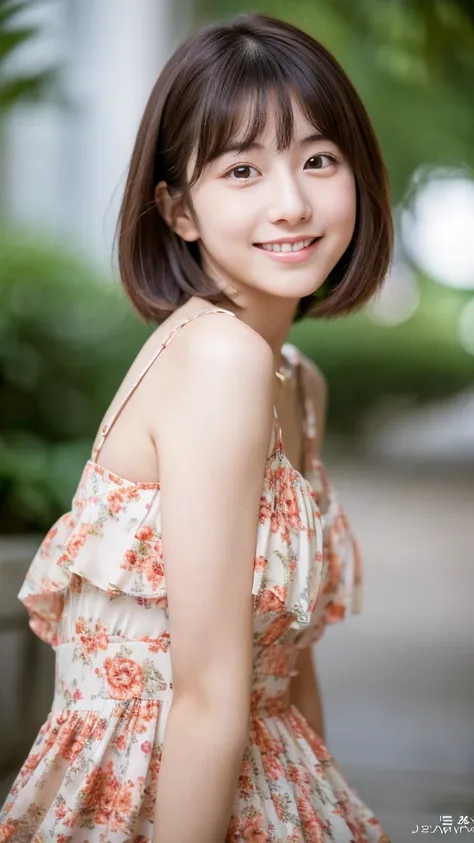 Super Cute Actress, Japanese, 18 years old, Night Beach, Short Hair, Brown Hair, Floral Dress, Gravure Idol, Dynamic Angle, Sexy Pose, (8K/RAW Developer, Best Quality, 1.2x), Super Real, (Real, 1. 37x), Portrait, High Quality RAW Color Photo, Super Beautif...