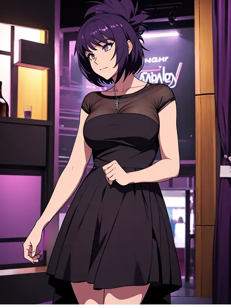 1women, wearing a black colour party frock, at a night party, purple colour short hair, 8k, high detailed, high quality
