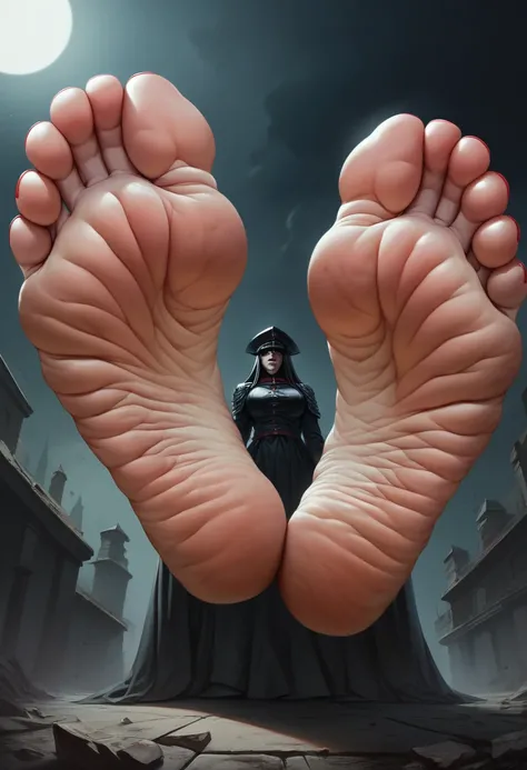 giant feet soles and toes, red toesnail, black and red backfround, the ground was made of dark water, ultra detailed, wrinkled s...