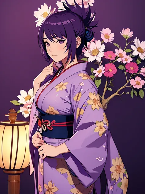 1women, wearing a long kimono, Japanese kimono with flower art, at a japan city, , purple colour short hair, 8k, high detailed, high quality
