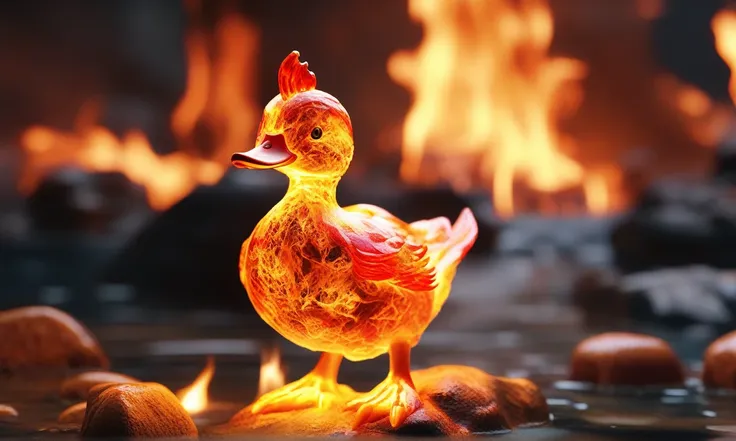 a transparent fire elemental duck made of (firecd_xl,raging flames:1.2,burning) in hell,fire eyes,fire hairs,fire body,splash fi...