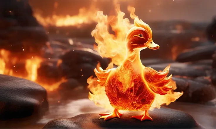 a transparent fire elemental duck made of (firecd_xl,raging flames:1.2,burning) in hell,fire eyes,fire hairs,fire body,splash fi...