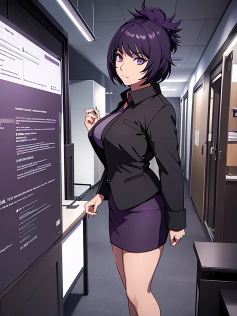 1women, wearing a black colour office suit, black tight skirt, at an office, purple colour short hair, 8k, high detailed, high quality
