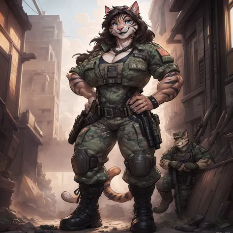 solo, 1girl, feline, cat girl, female, buff, muscular, huge breasts, highly detailed eyes, Amazon, wearing camouflage_uniform, (urban uniform:1.2), military camp, rolled sleeves, shirt, trousers, cleavage, standing upright, combat boots, full body, smiling...