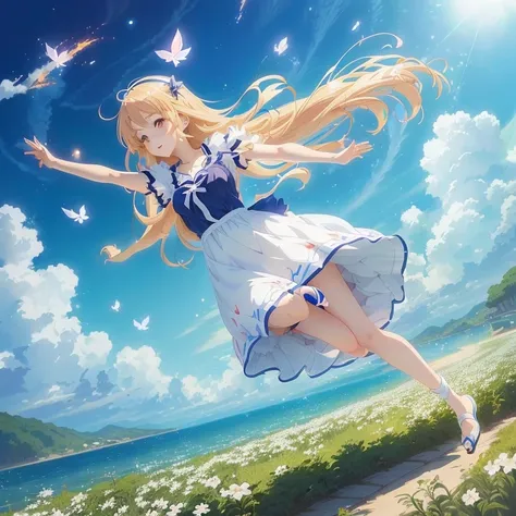 anime girl in a dress jumping in the air with her hair blowing in the wind, smooth anime cg art, official artwork, splash art anime loli, anime visual of a cute girl, mana in the air, anime beautiful peace scene, rin, beautiful anime, loli in dress, daytim...