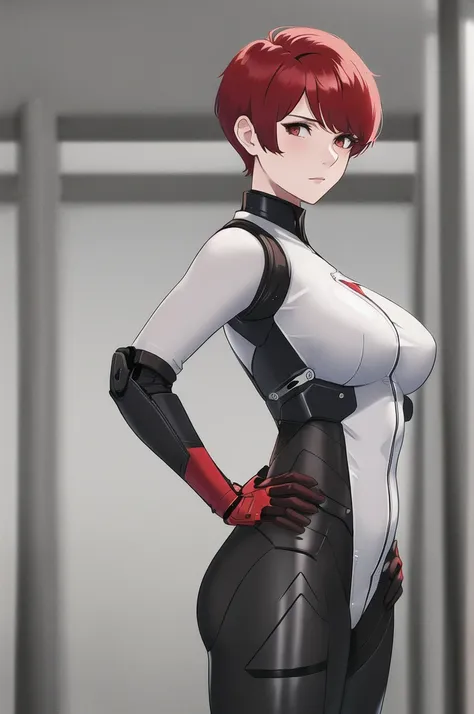 md-mech, upper body, md-mech-1girl, medium breasts, red short hair, looking viewer, standing stylish, hands on hips