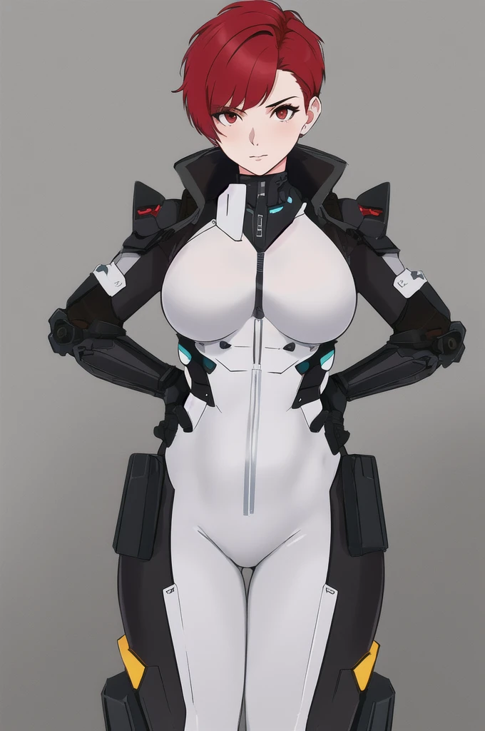 md-mech, upper body, md-mech-1girl, medium breasts, red short hair, looking viewer, standing stylish, hands on hips