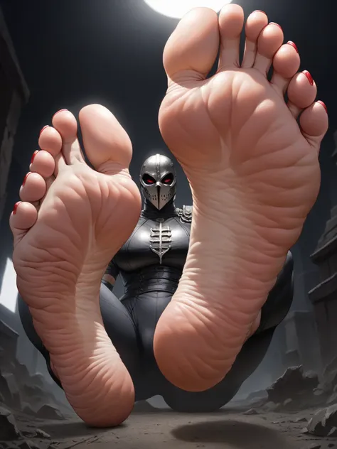 giant feet soles and toes, red toesnail, black and red backfround, the ground was made of dark water, ultra detailed, wrinkled s...