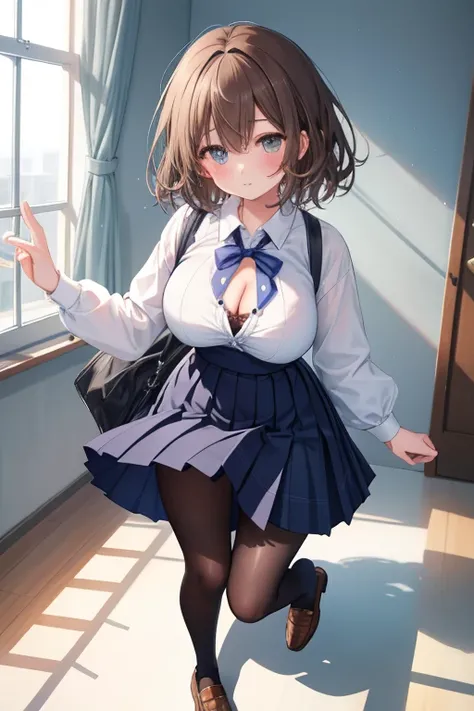 One Girl、Positive、From above、Full body portrait、Brown haired、Medium Haircut、blush、Absolute area、Knee socks、stockings、pantyhose、lace pantyhose、White underwear、Cleavage、Light blue cut shirt、Unbutton your shirt、Navy blue checkered pleated skirt、Very short ski...