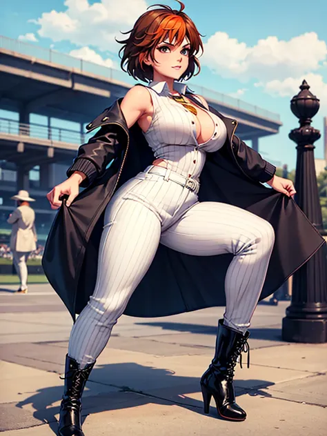 merula, full body, thighs, high boots high heels, solo girl, medium tits, baseball pinstripe white pants, sexy baseball player