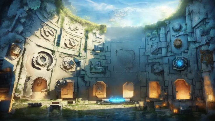 a close-up of a building with a fountain in the middle, arte de fantasia de motor irreal, unreal engine rendering concept art, in the middle of round ruins, bela arte conceitual 3d, biblioteca de arte conceitual ruina, Water Temple, a large open courtyard ...