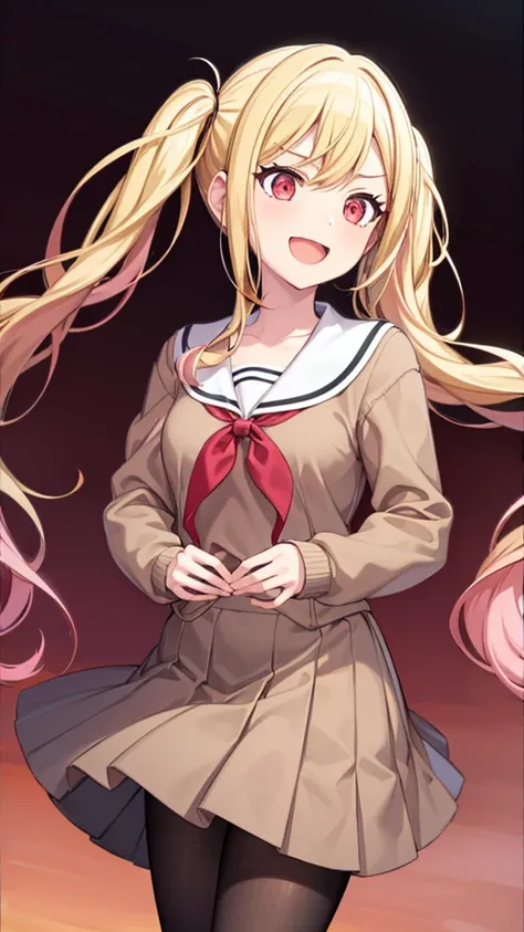 masterpiece, best quality, highres, 1girl, solo, ichigaya arisa, twintails, x hair ornament , pleated dress, pantyhose, tenmasaki, shirt, long sleeves, bow, ribbon, twintails, , 10ma_s, 1girl, solo, long hair, smile, open mouth, skirt, blonde hair, simple ...