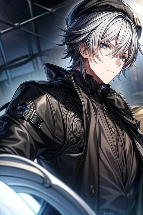 (masterpiece, best quality, perfect face, expressive eyes), 1boy, (anime), (male), grey hair, blue eyes, intricate details, (black trench coat), black suit, (black beret)