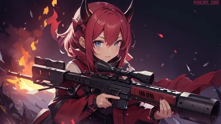 Cute devilish anime girl with devil horns holding a small sniper rifle with her hands, the rifle is aiming at the viewer, fire background, make sure to depict here hands right without mistakes