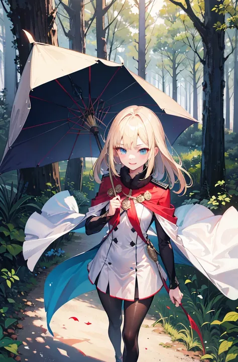 (Standing painting: 1.2) + (1girl:1.5)+ golden hair + princess cut + white knight uniform + detailed eyes and nose + deep blue eyes +  white battle uniform + domineering, masterpiece, best quality,evil smile,holy,((forest background)),adult,