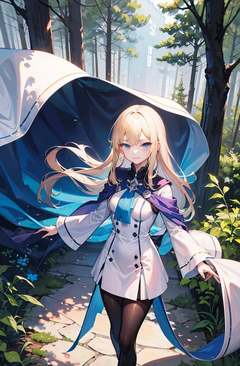 (Standing painting: 1.2) + (1girl:1.5)+ golden hair + princess cut + white knight uniform + detailed eyes and nose + deep blue eyes +  white battle uniform + domineering, masterpiece, best quality,evil smile,holy,((forest background)),adult,