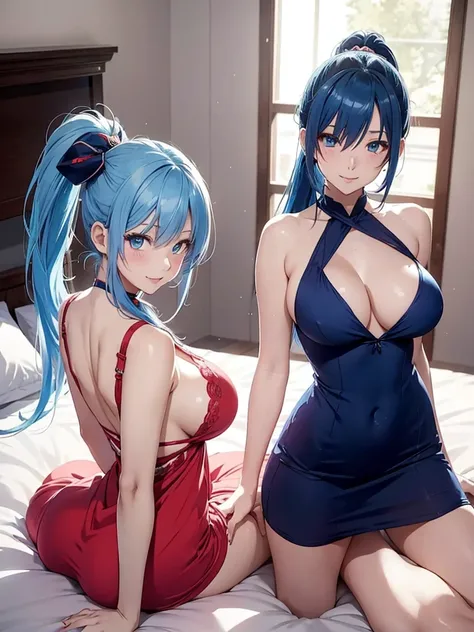 One anime girl with blue hair and blue eyes sitting on the bed, Enchanting anime girl, Beautiful and attractive anime woman, look at the photographer, Full body shot, Nightcore, Beautiful ponytail, double eyelids in both eyes, natural smile, Shiny and smoo...