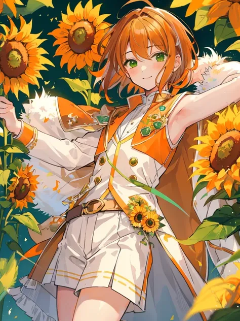 masterpiece、Highest quality、Super detailed、Very delicate、solo、One boy、1 male、(Orange brown hair:1.25),(Fluffy hair:1.2),(short hair:1.2),(Center parted bangs),sunflower,(Green Eyes:1.4),(blush)、smile,White suit