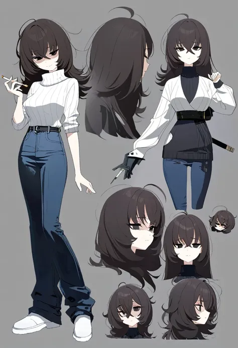 one woman,downer,older sister,concept art,dark brown hair,straight hair with slight inward curls,staring eyes,eye ridge,black ey...