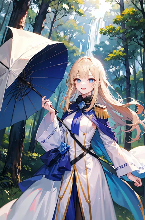 (standing painting: 1.2) + (1girl:1.5)+ golden hair + princess cut + white knight uniform + detailed eyes and nose + deep blue e...